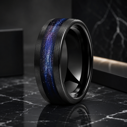 Tungsten Ring with Flowing Sand & Green Grass Agate Inlay