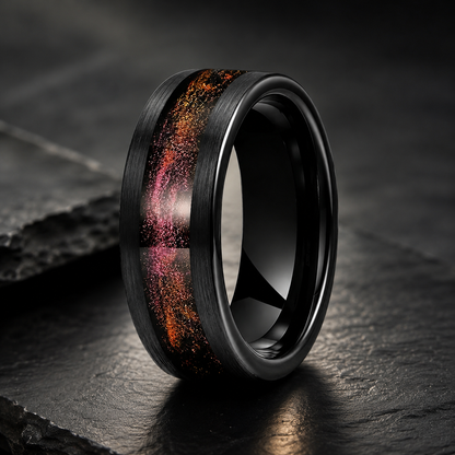 Tungsten Ring with Flowing Sand & Green Grass Agate Inlay