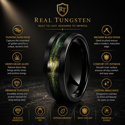 Tungsten Ring with Flowing Sand & Green Grass Agate Inlay