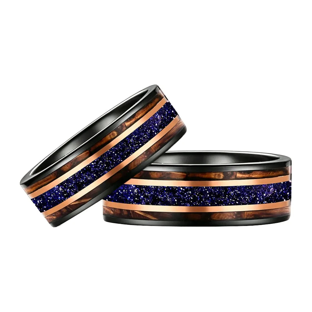 Tungsten Ring with Galaxy Sandstone & Whiskey Barrel Wood Inlay