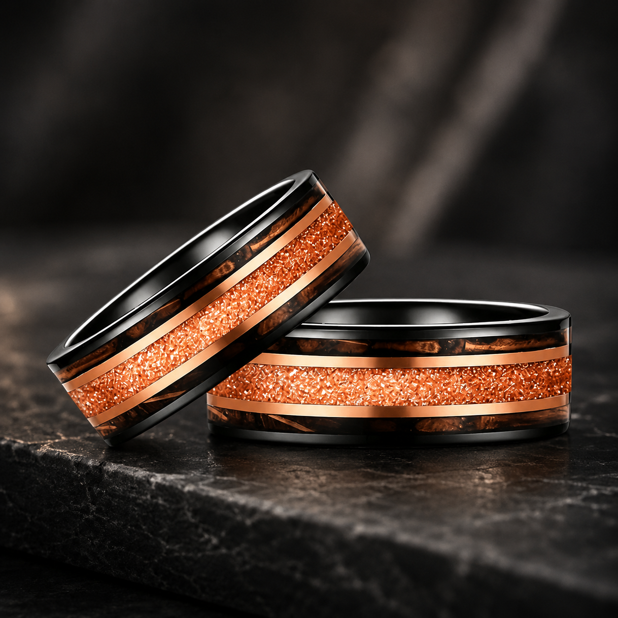 Tungsten Ring with Galaxy Sandstone & Whiskey Barrel Wood Inlay