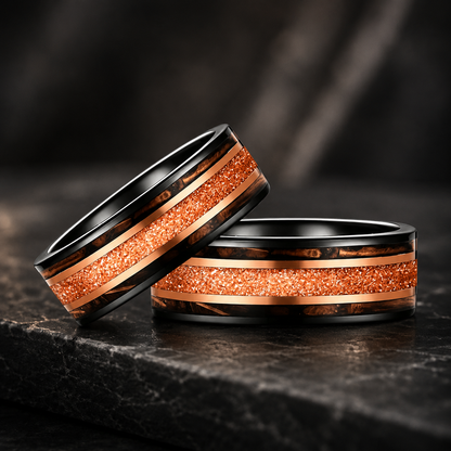 Tungsten Ring with Galaxy Sandstone & Whiskey Barrel Wood Inlay