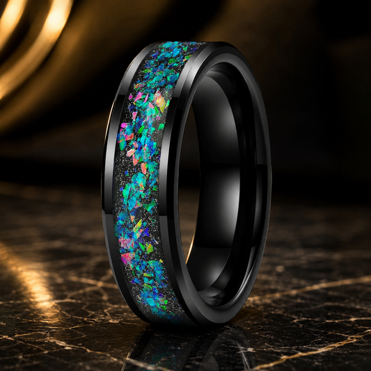 Tungsten Ring with Galaxy Iridescent Opal Inlay