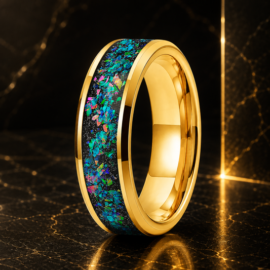 Tungsten Ring with Galaxy Iridescent Opal Inlay