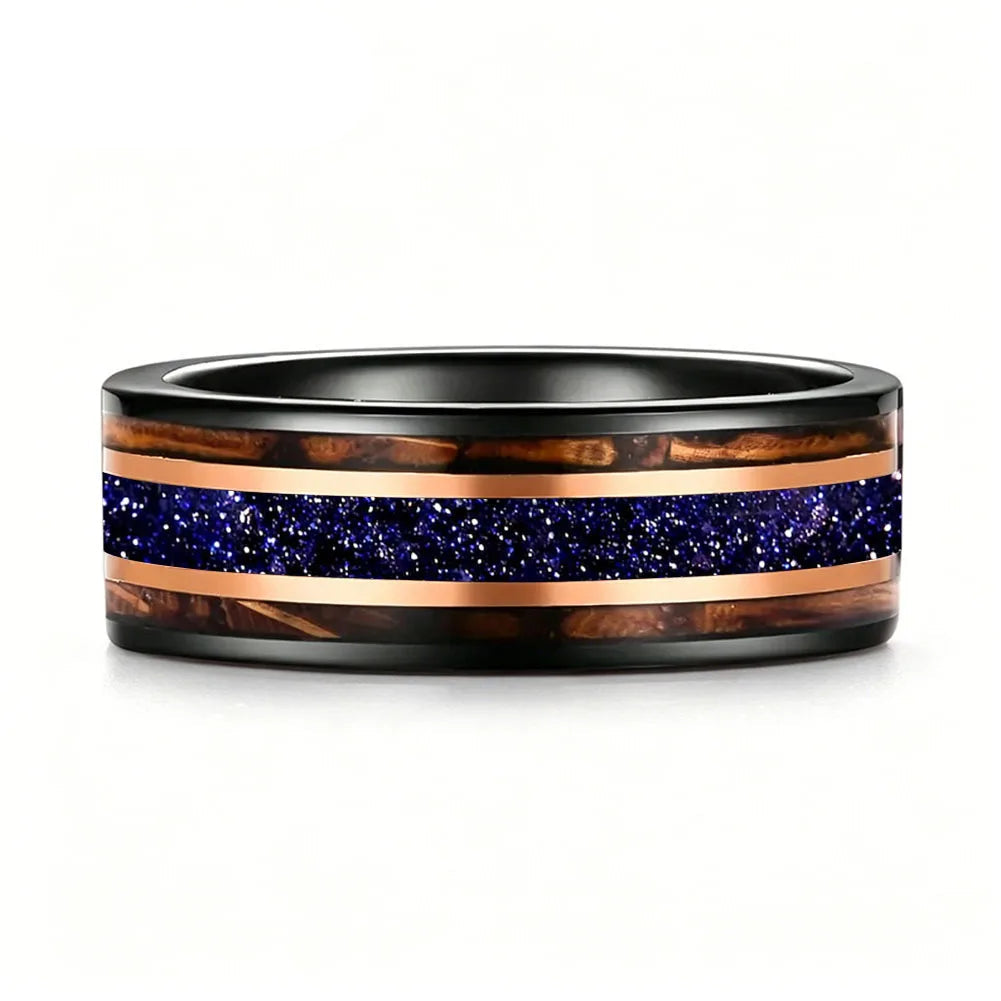 Tungsten Ring with Galaxy Sandstone & Whiskey Barrel Wood Inlay