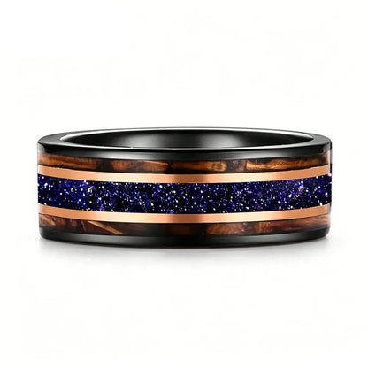 Tungsten Ring with Galaxy Sandstone & Whiskey Barrel Wood Inlay