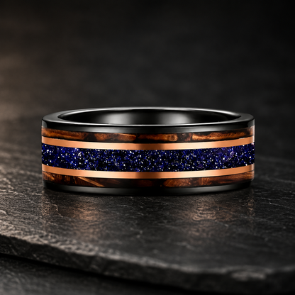 Tungsten Ring with Galaxy Sandstone & Whiskey Barrel Wood Inlay