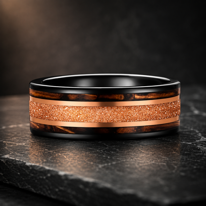 Tungsten Ring with Galaxy Sandstone & Whiskey Barrel Wood Inlay