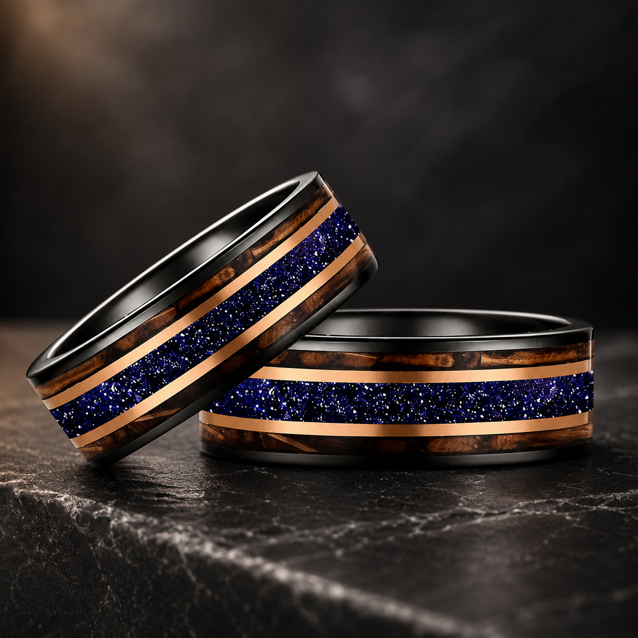 Tungsten Ring with Galaxy Sandstone & Whiskey Barrel Wood Inlay