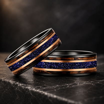 Tungsten Ring with Galaxy Sandstone & Whiskey Barrel Wood Inlay
