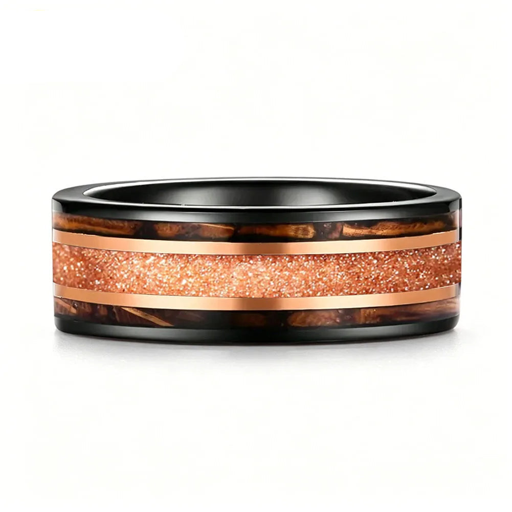 Tungsten Ring with Galaxy Sandstone & Whiskey Barrel Wood Inlay