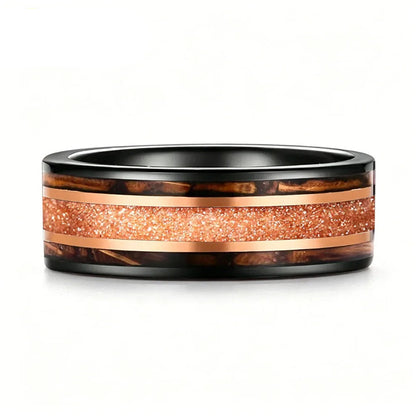 Tungsten Ring with Galaxy Sandstone & Whiskey Barrel Wood Inlay