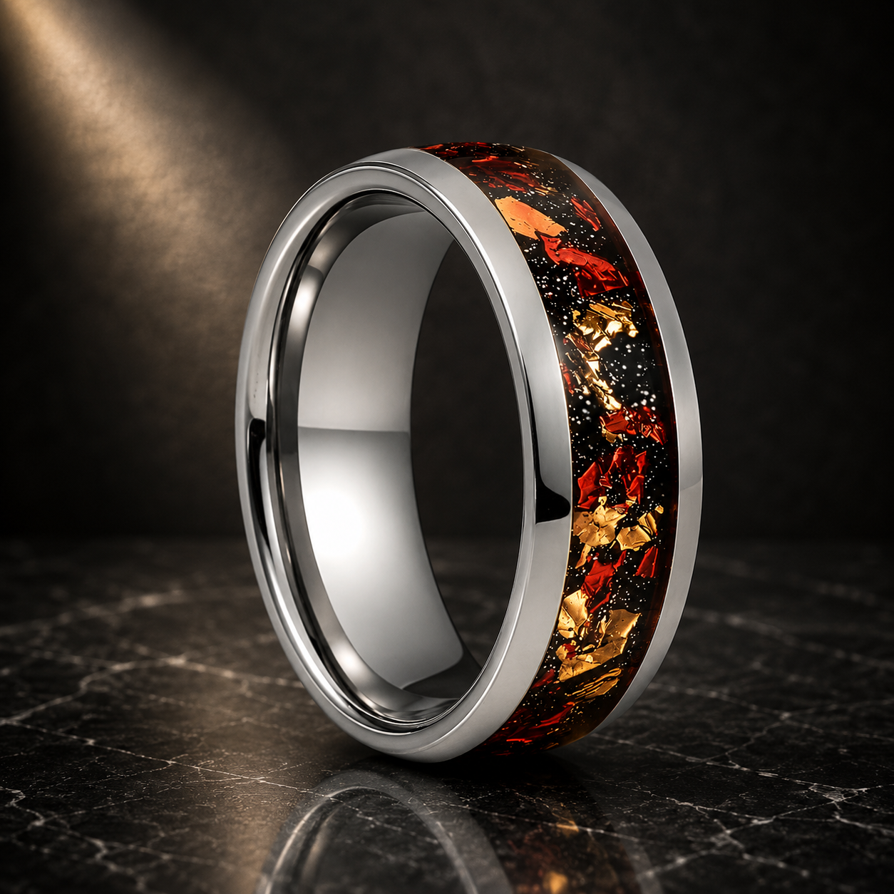 Tungsten Ring with Gold Foil and Meteorite Nebula Galaxy Inlay