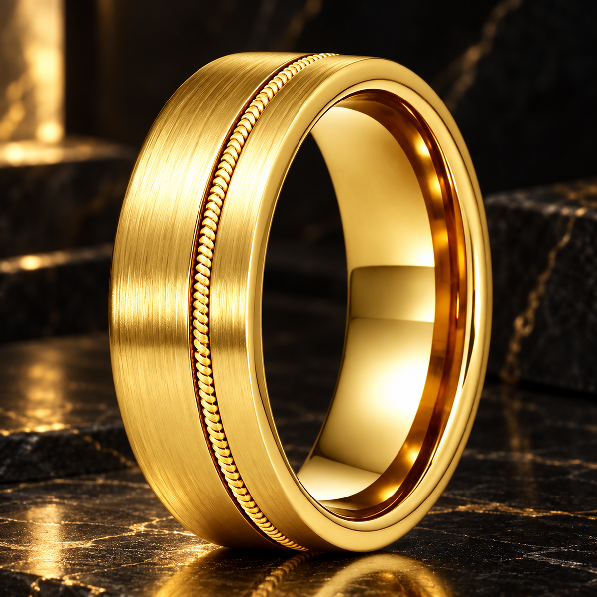Tungsten Ring with Gold Guitar String Inlay