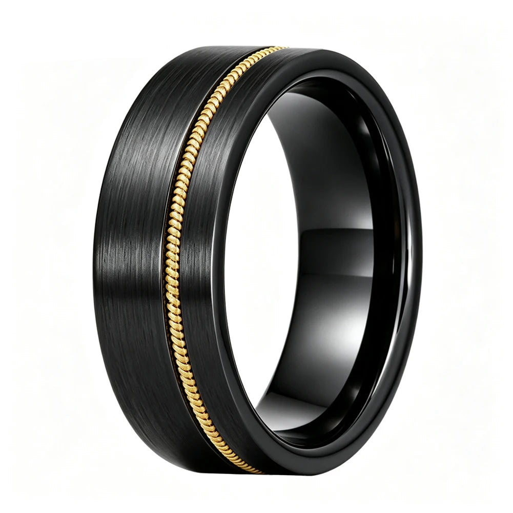 Tungsten Ring with Gold Guitar String Inlay