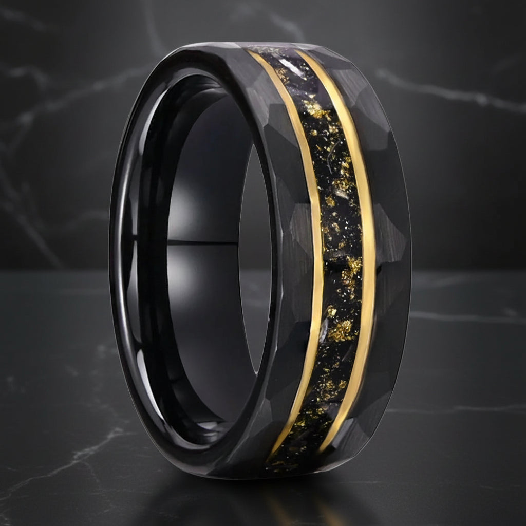 Tungsten Ring with Golden Meteorite Foil & Opal Inlay (8mm)