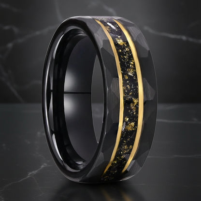 Tungsten Ring with Golden Meteorite Foil & Opal Inlay (8mm)