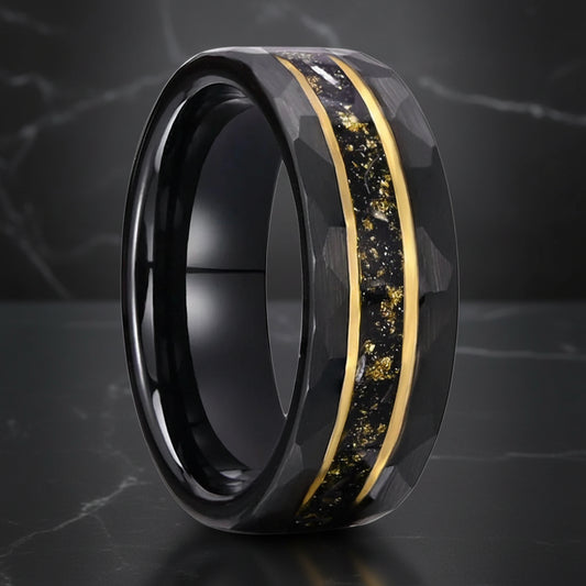 Tungsten Ring with Golden Meteorite Foil & Opal Inlay (8mm)