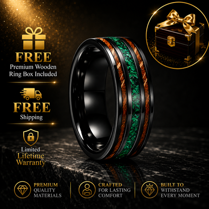 Tungsten Ring with Green Crushed Stone and Whiskey Barrel Wood Inlay