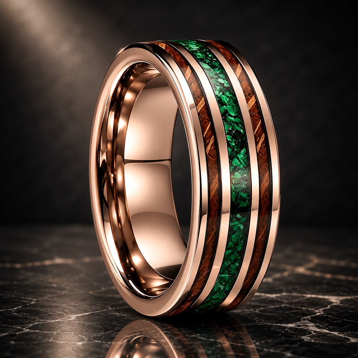 Tungsten Ring with Green Crushed Stone and Whiskey Barrel Wood Inlay