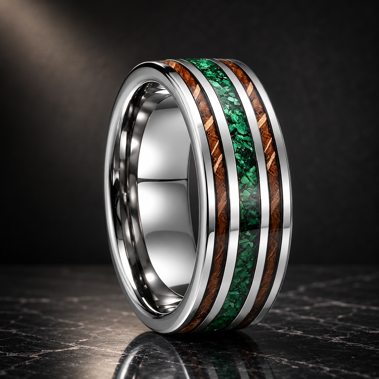 Tungsten Ring with Green Crushed Stone and Whiskey Barrel Wood Inlay