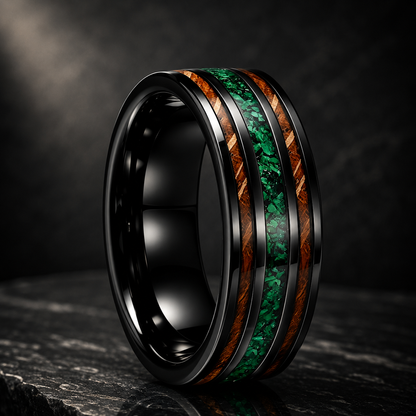 Tungsten Ring with Green Crushed Stone and Whiskey Barrel Wood Inlay