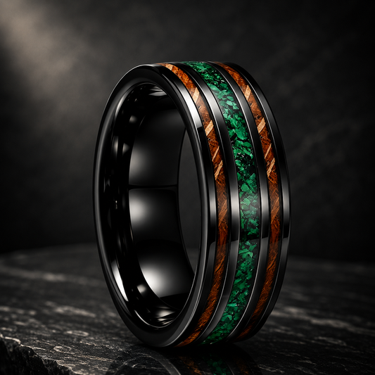 Tungsten Ring with Green Crushed Stone and Whiskey Barrel Wood Inlay