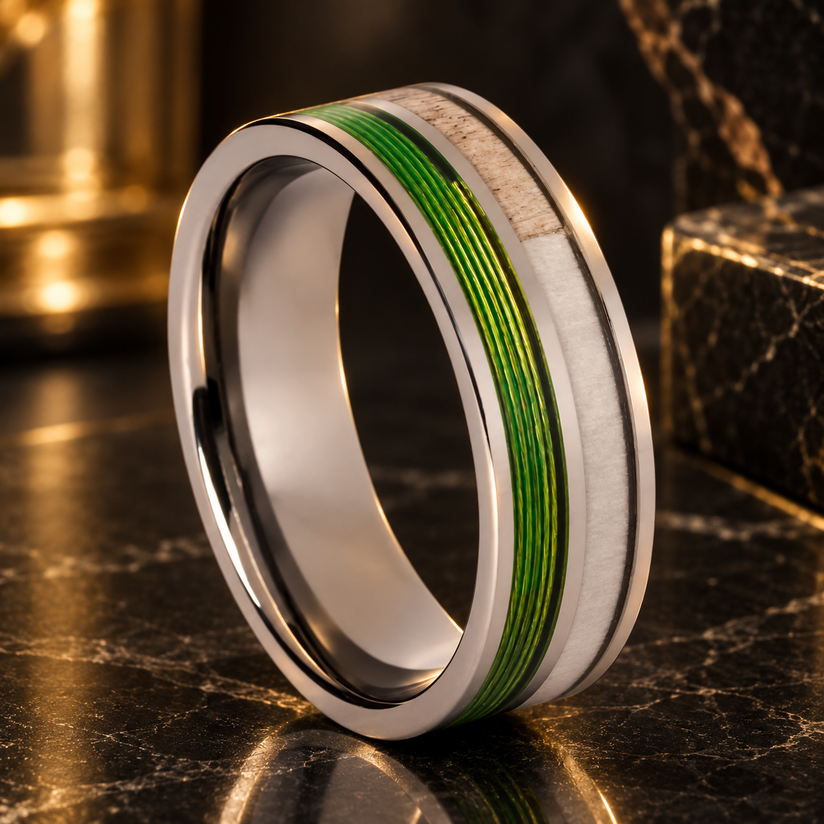 Tungsten Ring with Green Fishing Line and Deer Antler Inlay