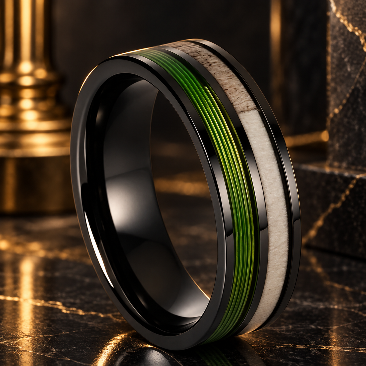 Tungsten Ring with Green Fishing Line and Deer Antler Inlay