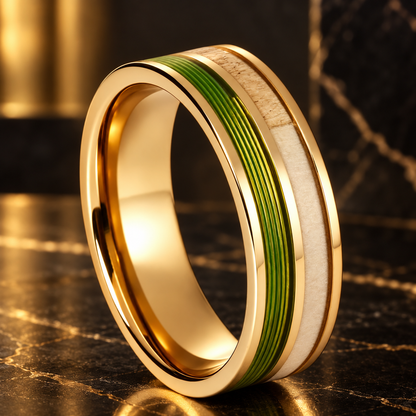 Tungsten Ring with Green Fishing Line and Deer Antler Inlay