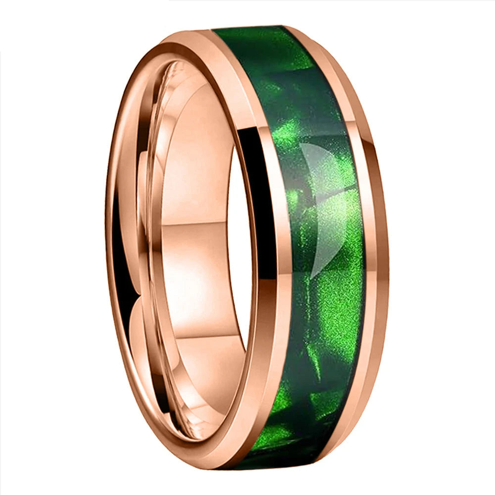 Tungsten Ring with Green Olive Shell Texture Inlay