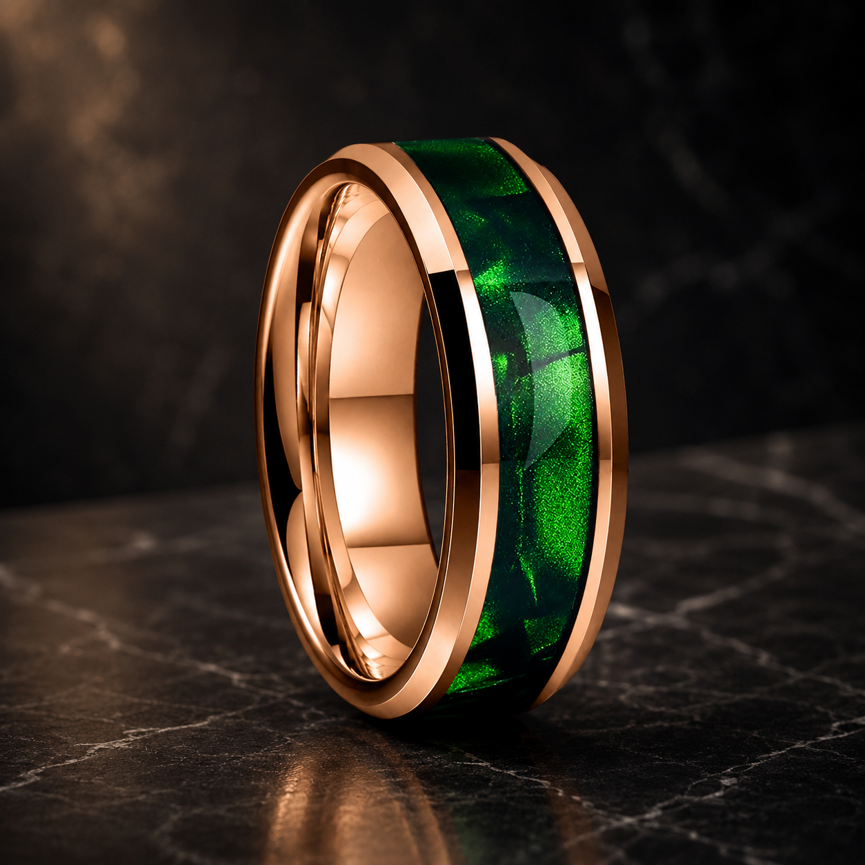 Tungsten Ring with Green Olive Shell Texture Inlay
