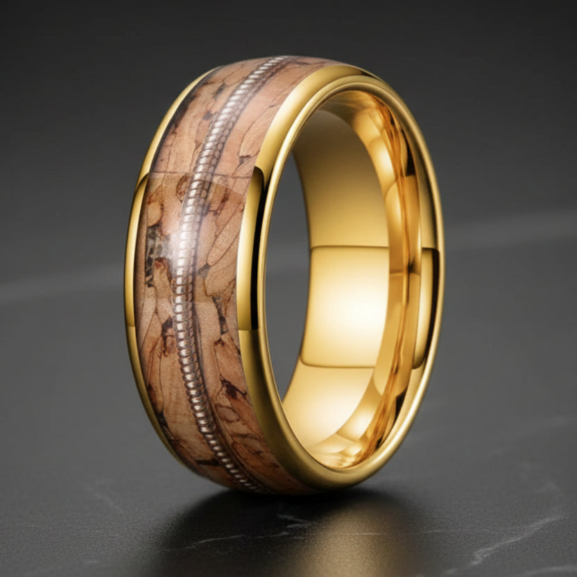Tungsten Ring with Guitar String & Brown Wood Inlay