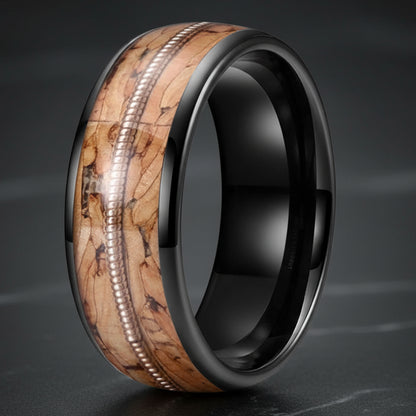 Tungsten Ring with Guitar String & Brown Wood Inlay