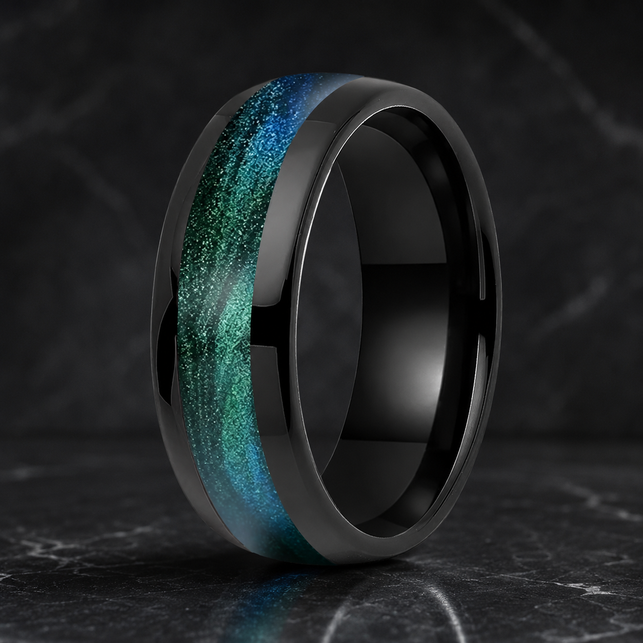 Tungsten Ring with Gunmetal Green Flow Sand Inlay