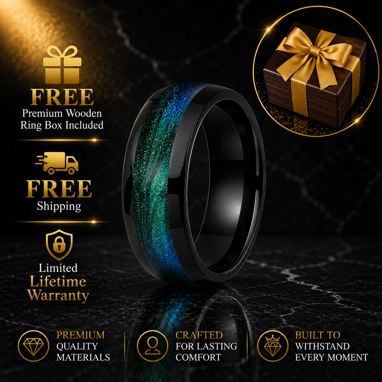 Tungsten Ring with Gunmetal Green Flow Sand Inlay