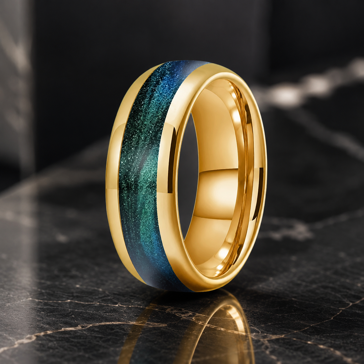 Tungsten Ring with Gunmetal Green Flow Sand Inlay