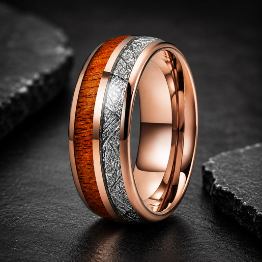 Tungsten Ring with Koa Wood & Meteorite Inlay