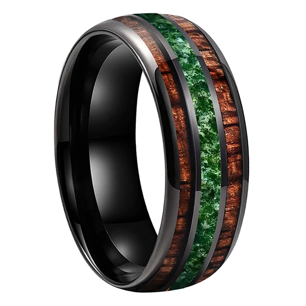 8mm Tungsten Ring with Koa Wood & Moss Agate Inlay