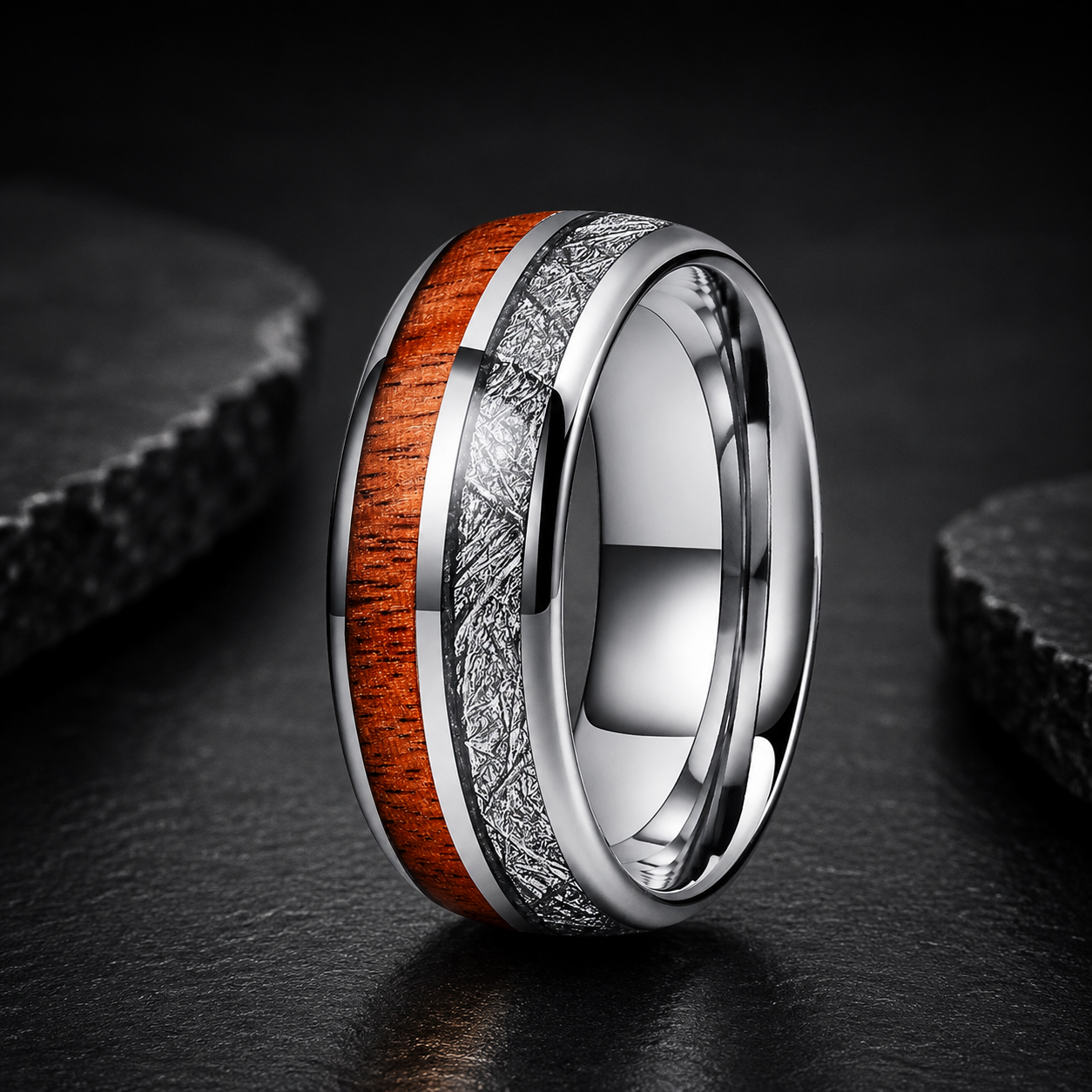 Tungsten Ring with Koa Wood & Meteorite Inlay