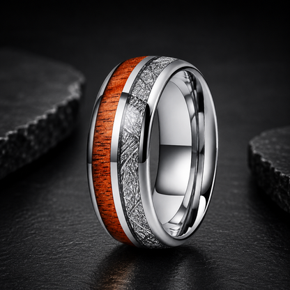 Tungsten Ring with Koa Wood & Meteorite Inlay