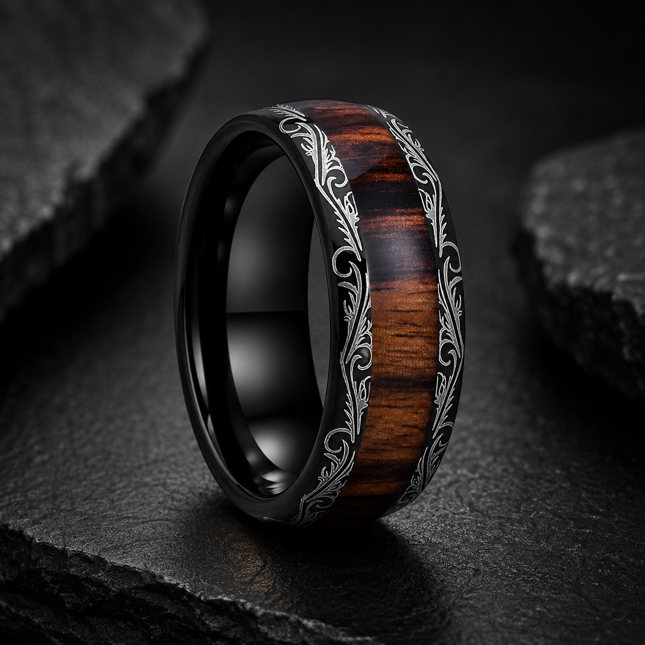 Tungsten Ring with Leaf Vein, Koa & Dark Red Wood Inlay