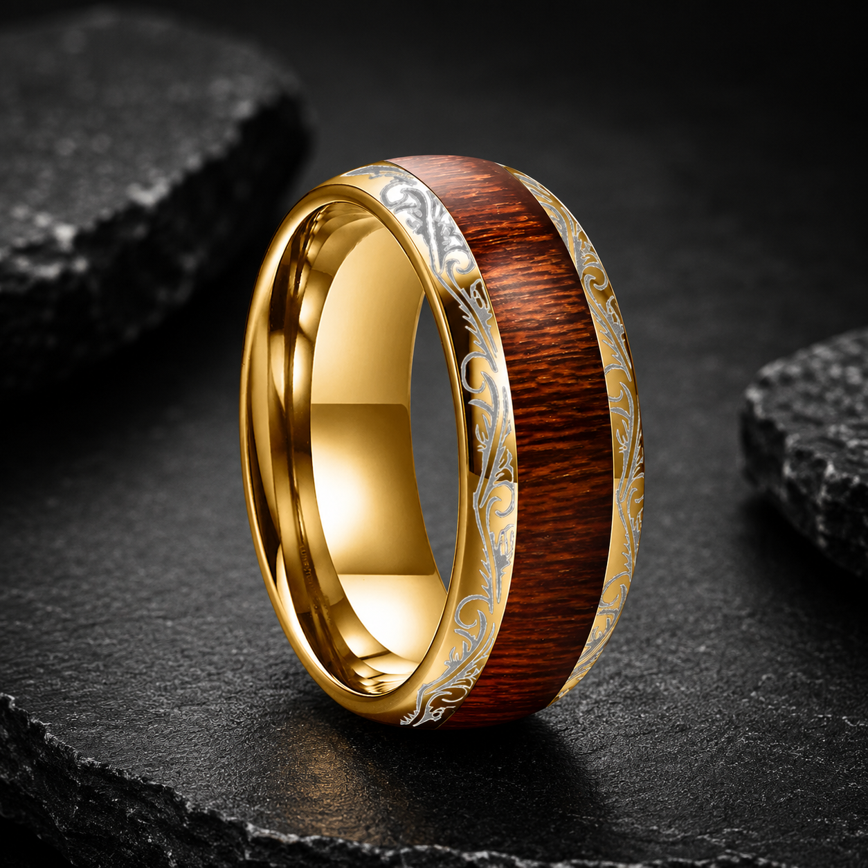 Tungsten Ring with Leaf Vein, Koa & Dark Red Wood Inlay
