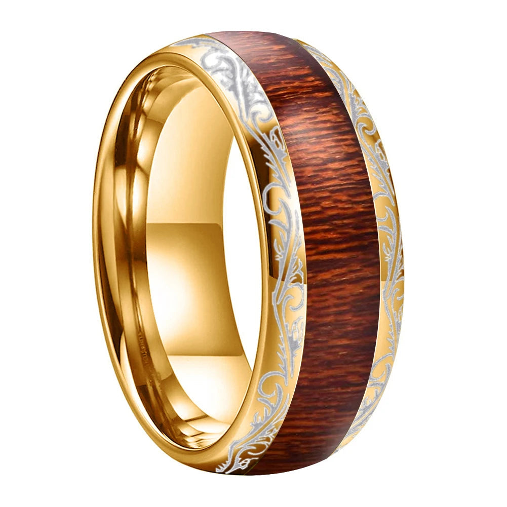Tungsten Ring with Leaf Vein, Koa & Dark Red Wood Inlay