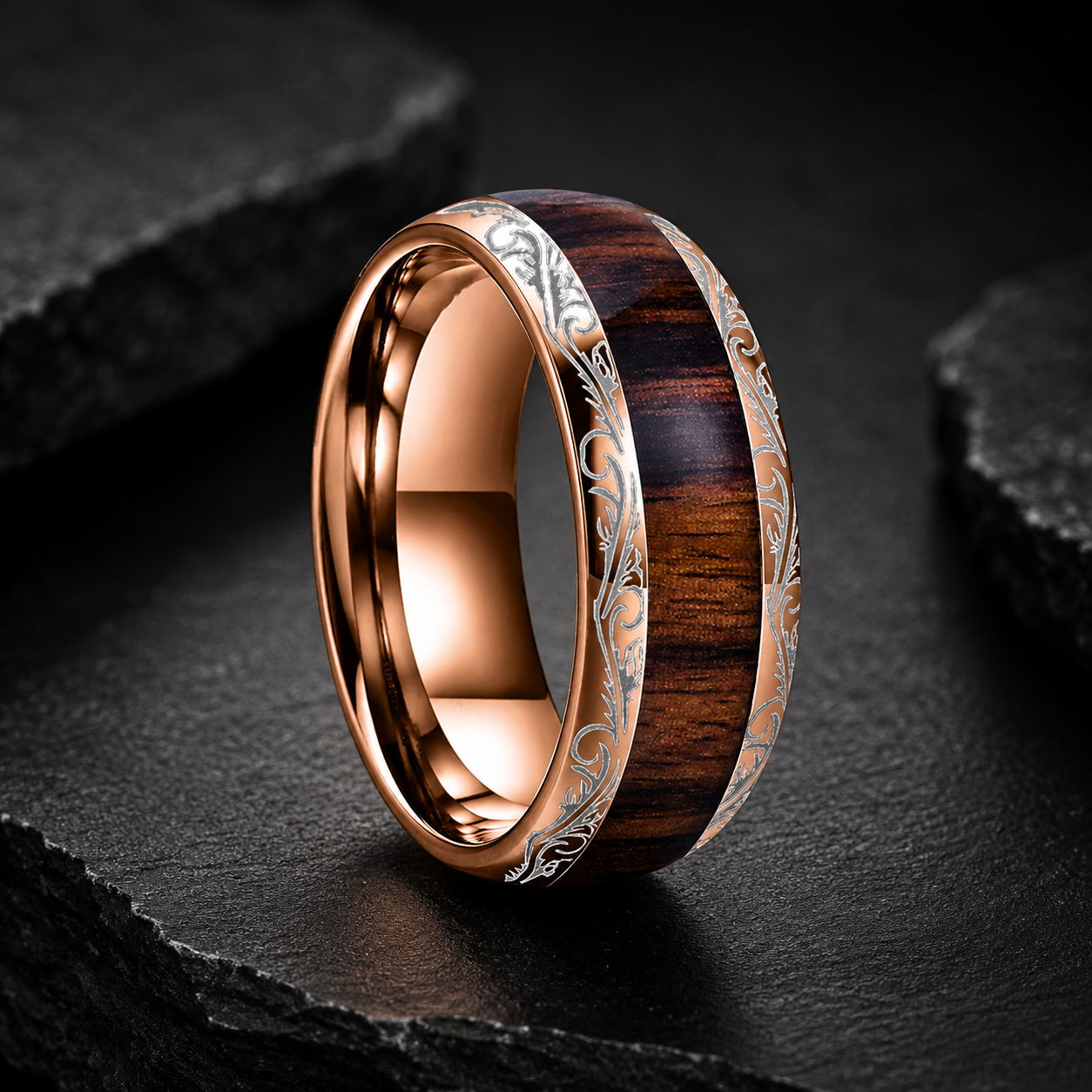 Tungsten Ring with Leaf Vein, Koa & Dark Red Wood Inlay