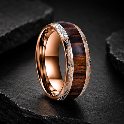 Tungsten Ring with Leaf Vein, Koa & Dark Red Wood Inlay