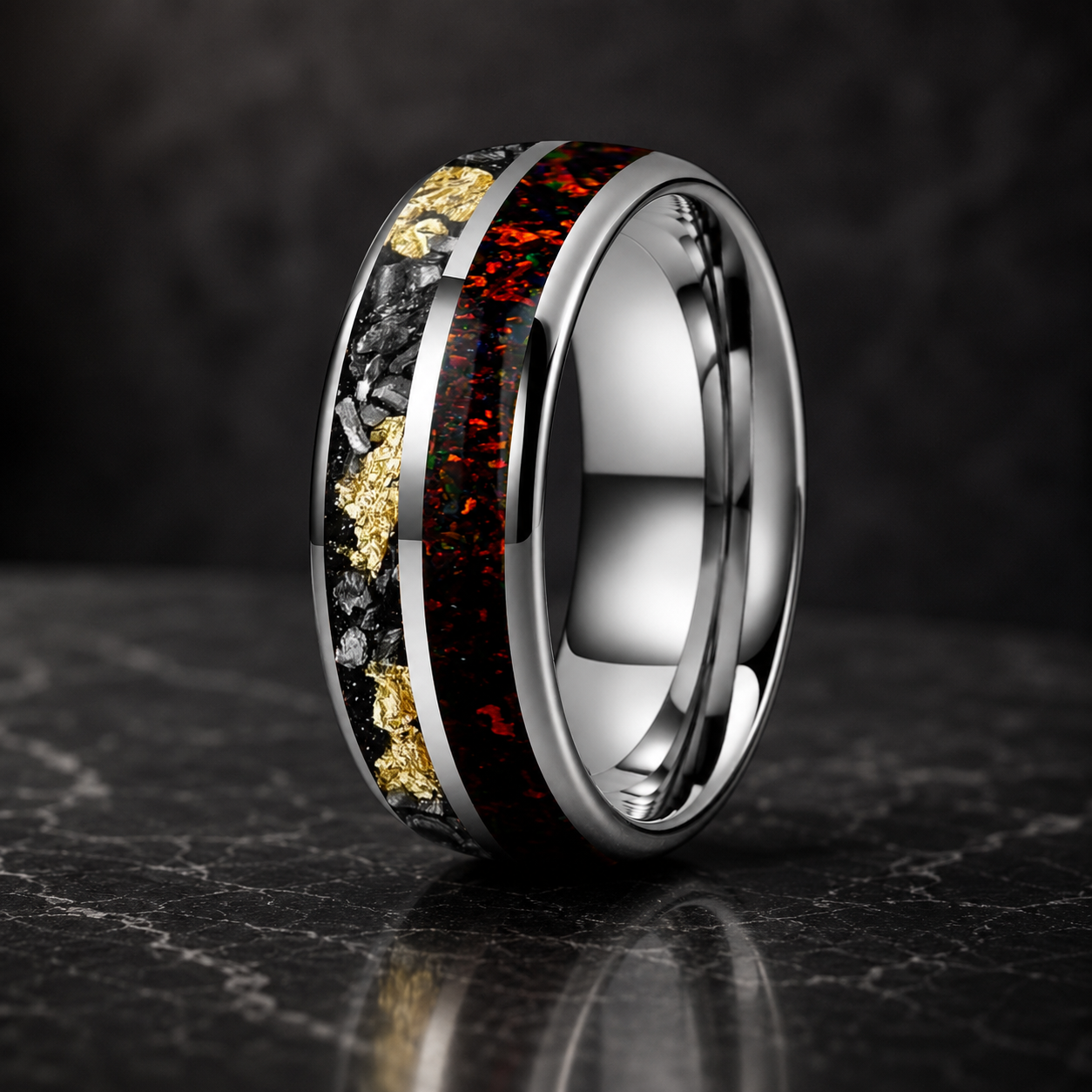 Tungsten Ring with Meteorite Gold Foil and Red Opal Inlay