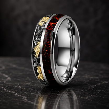 Tungsten Ring with Meteorite Gold Foil and Red Opal Inlay