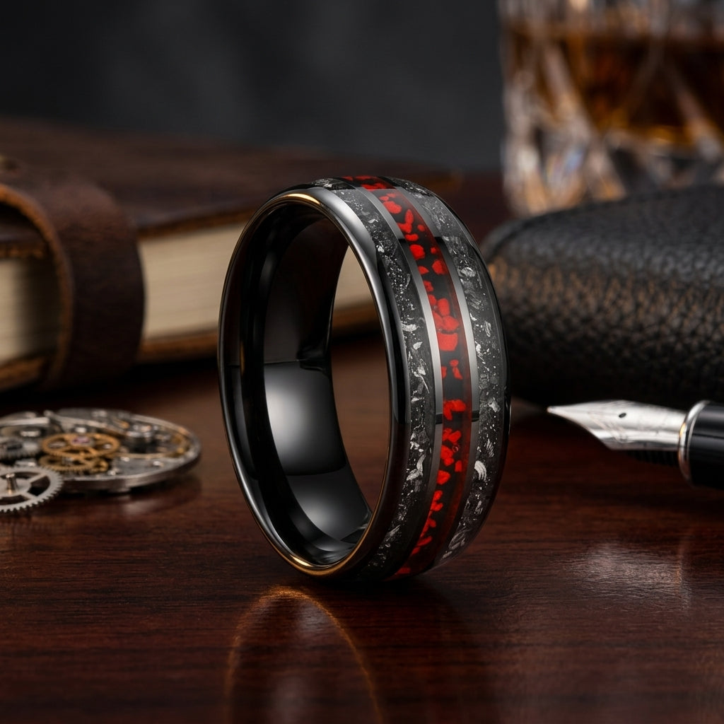 Tungsten Ring with Meteorite & Dinosaur Bone Inlay