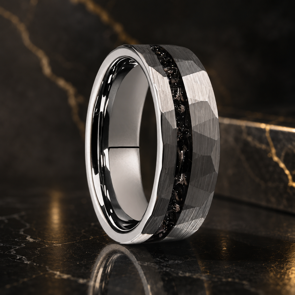Tungsten Ring with Meteorite Fragment Inlay